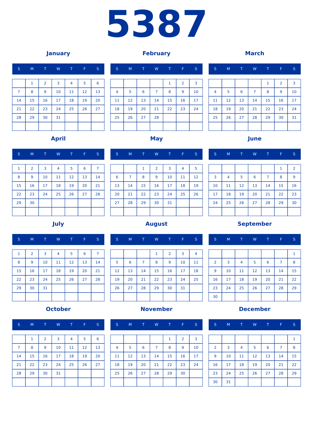 Printable 5387 Year Calendars smalt