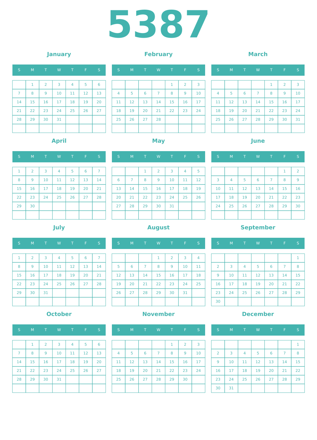 Printable 5387 Year Calendars verdigris