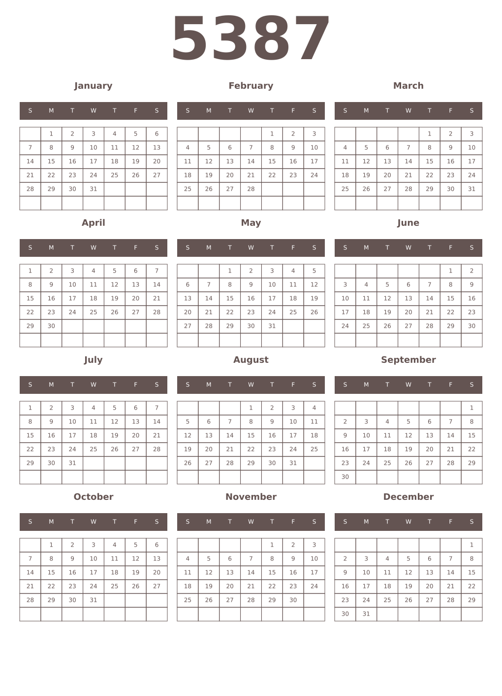 Printable 5387 Year Calendars wenge