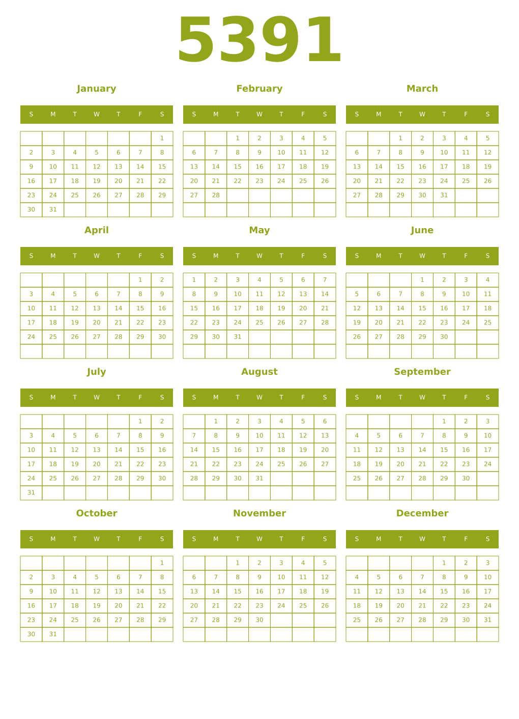 Printable 5391 Year Calendars chartreuse