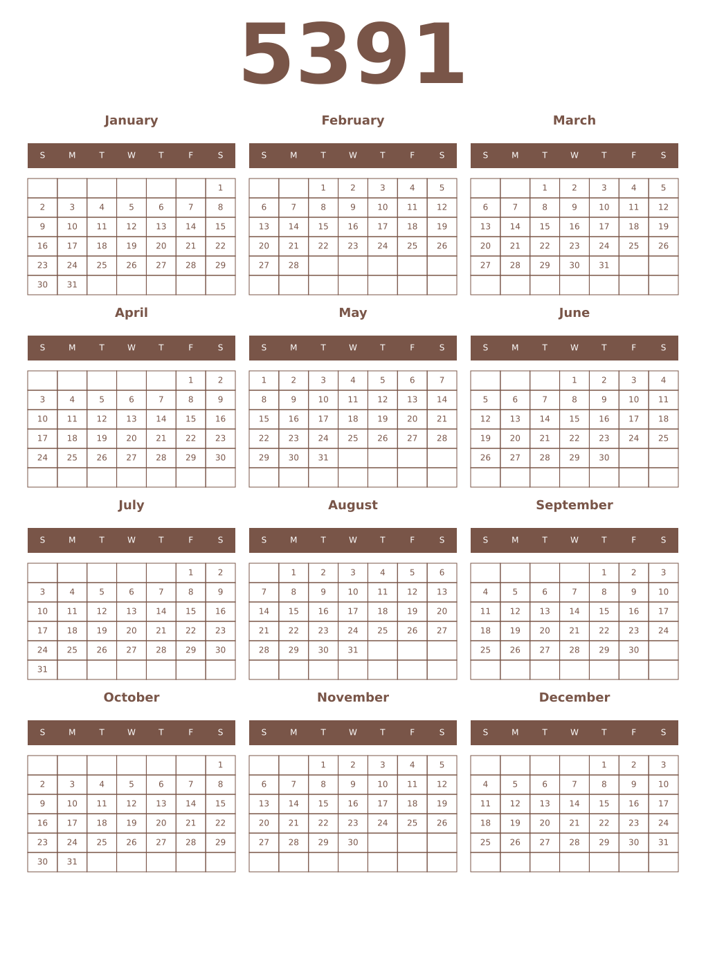 Printable 5391 Year Calendars coffe