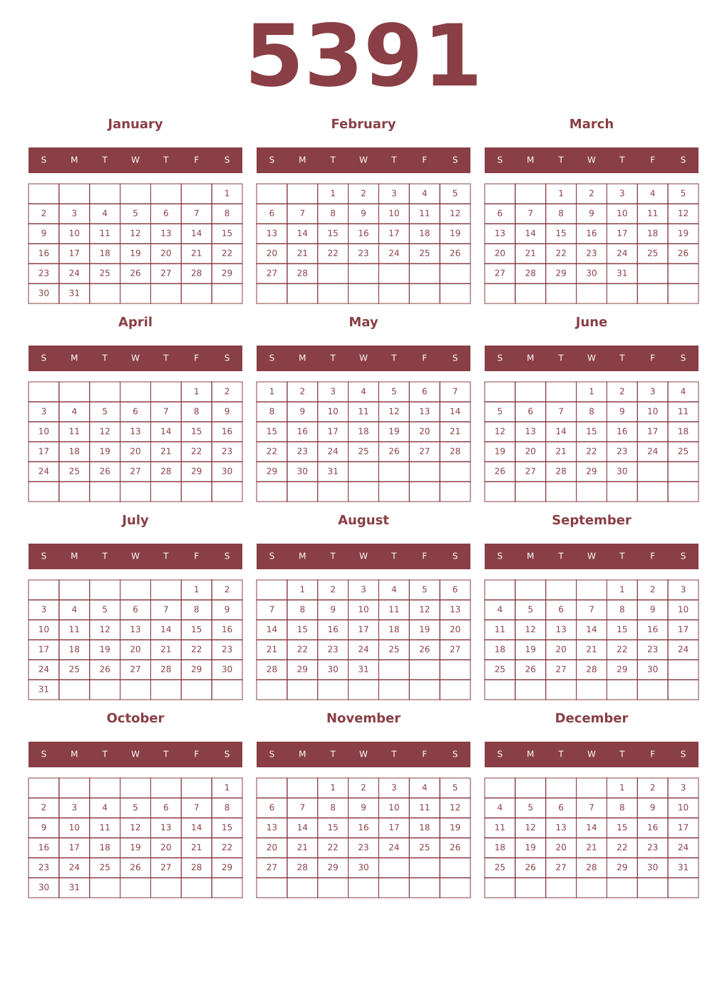 Printable 5391 Year Calendars cordovan