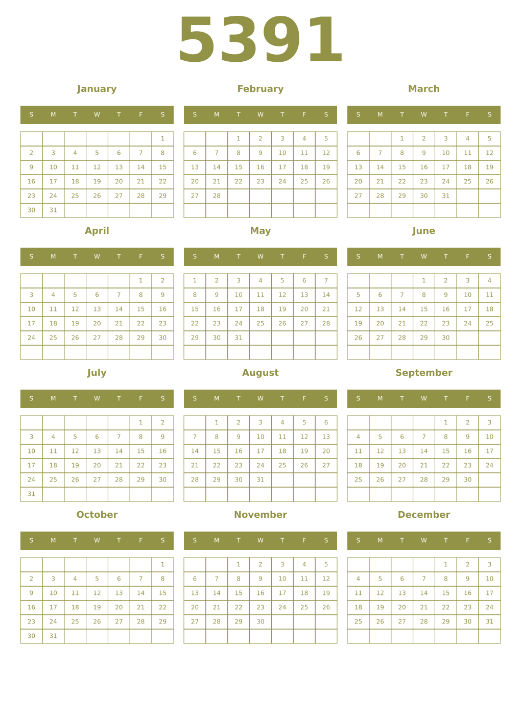 Printable 5391 Year Calendars eburnean