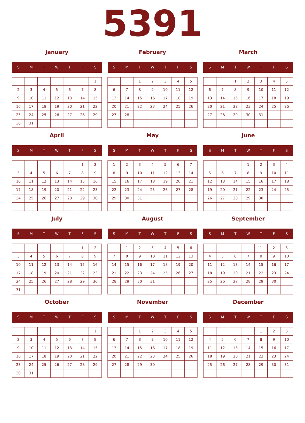 Printable 5391 Year Calendars falu
