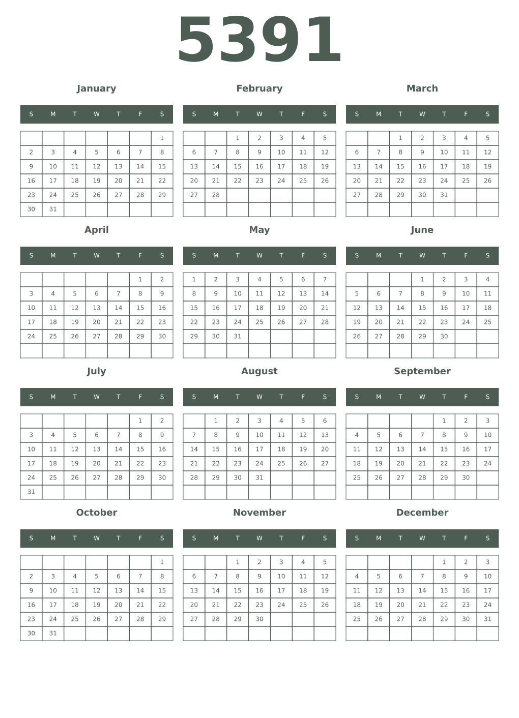 Printable 5391 Year Calendars feldgrau