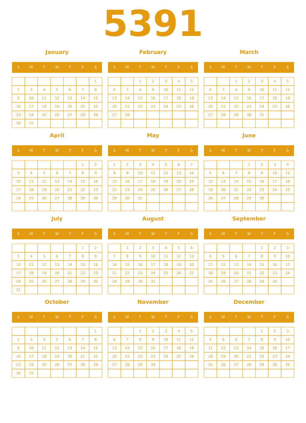 Printable 5391 Year Calendars gamboge
