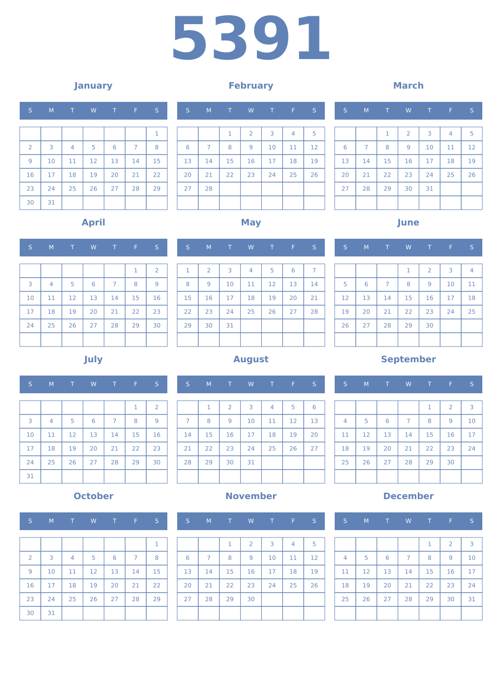 Printable 5391 Year Calendars glaucous