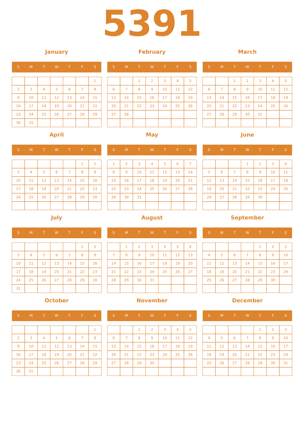 Printable 5391 Year Calendars orange