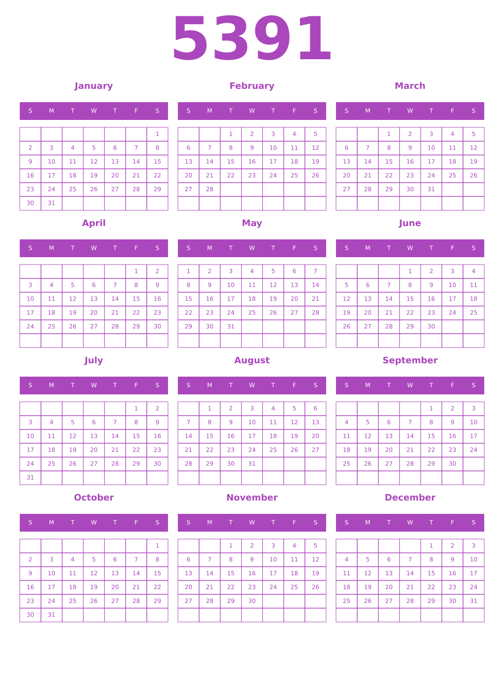 Printable 5391 Year Calendars purple