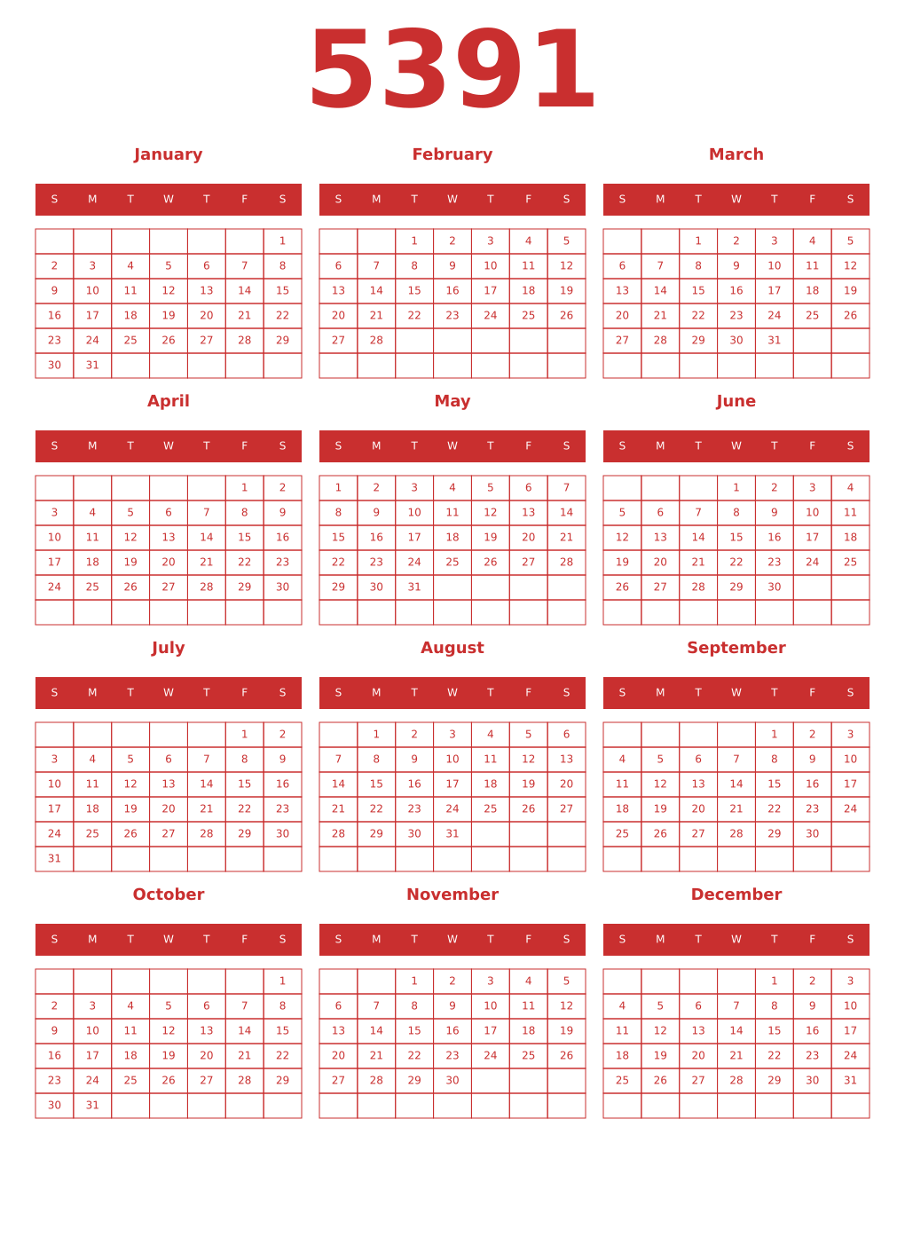 Printable 5391 Year Calendars red