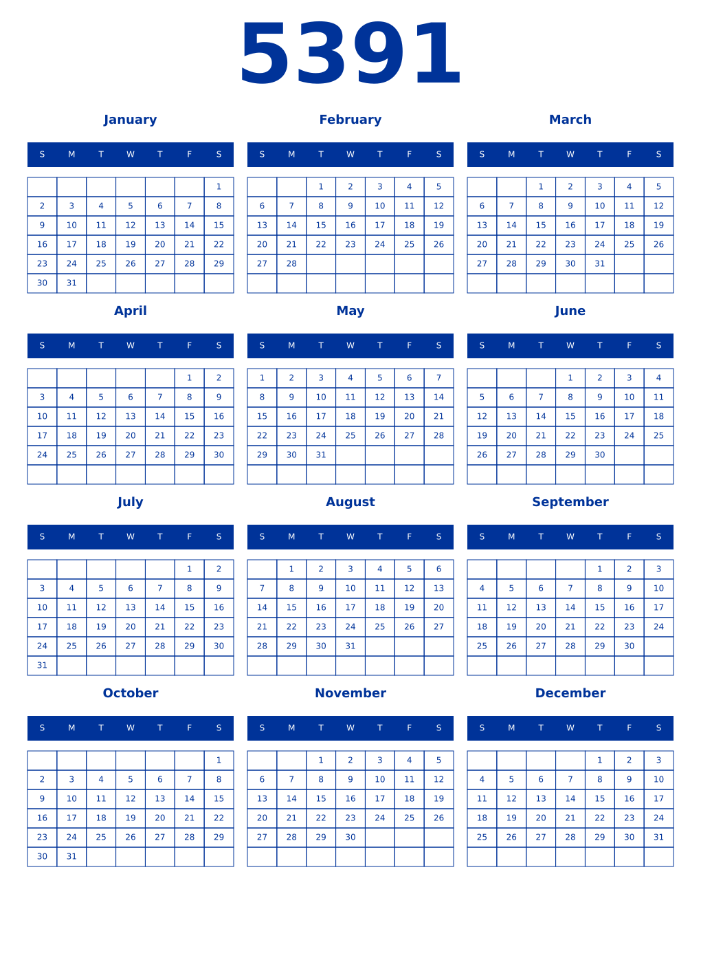 Printable 5391 Year Calendars smalt