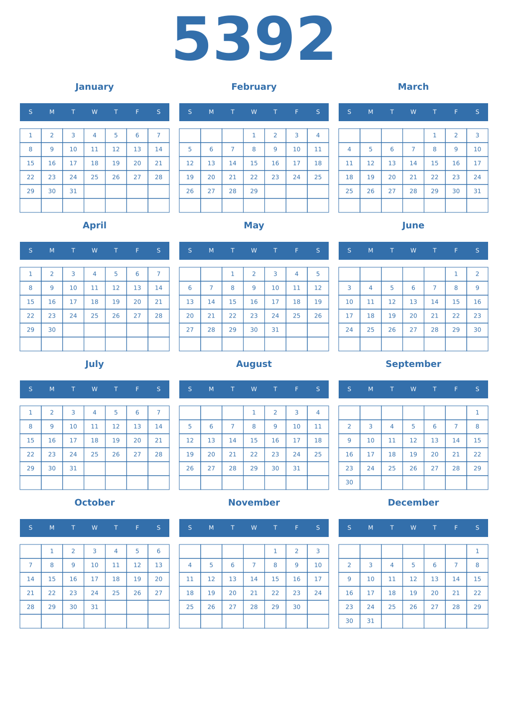 Printable 5392 Year Calendars blue