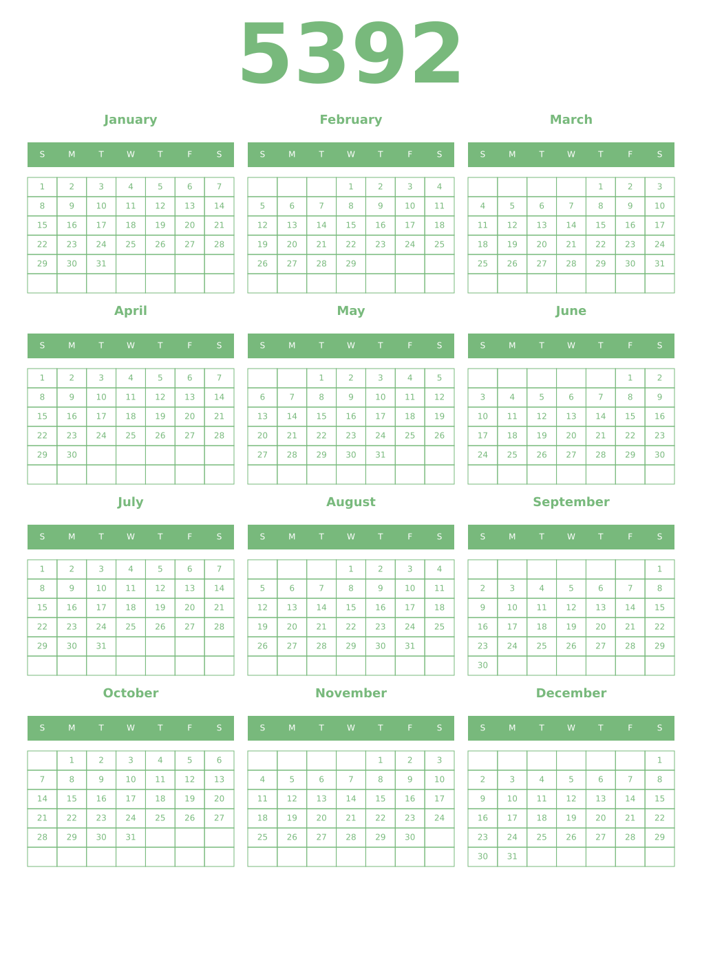 Printable 5392 Year Calendars celadon