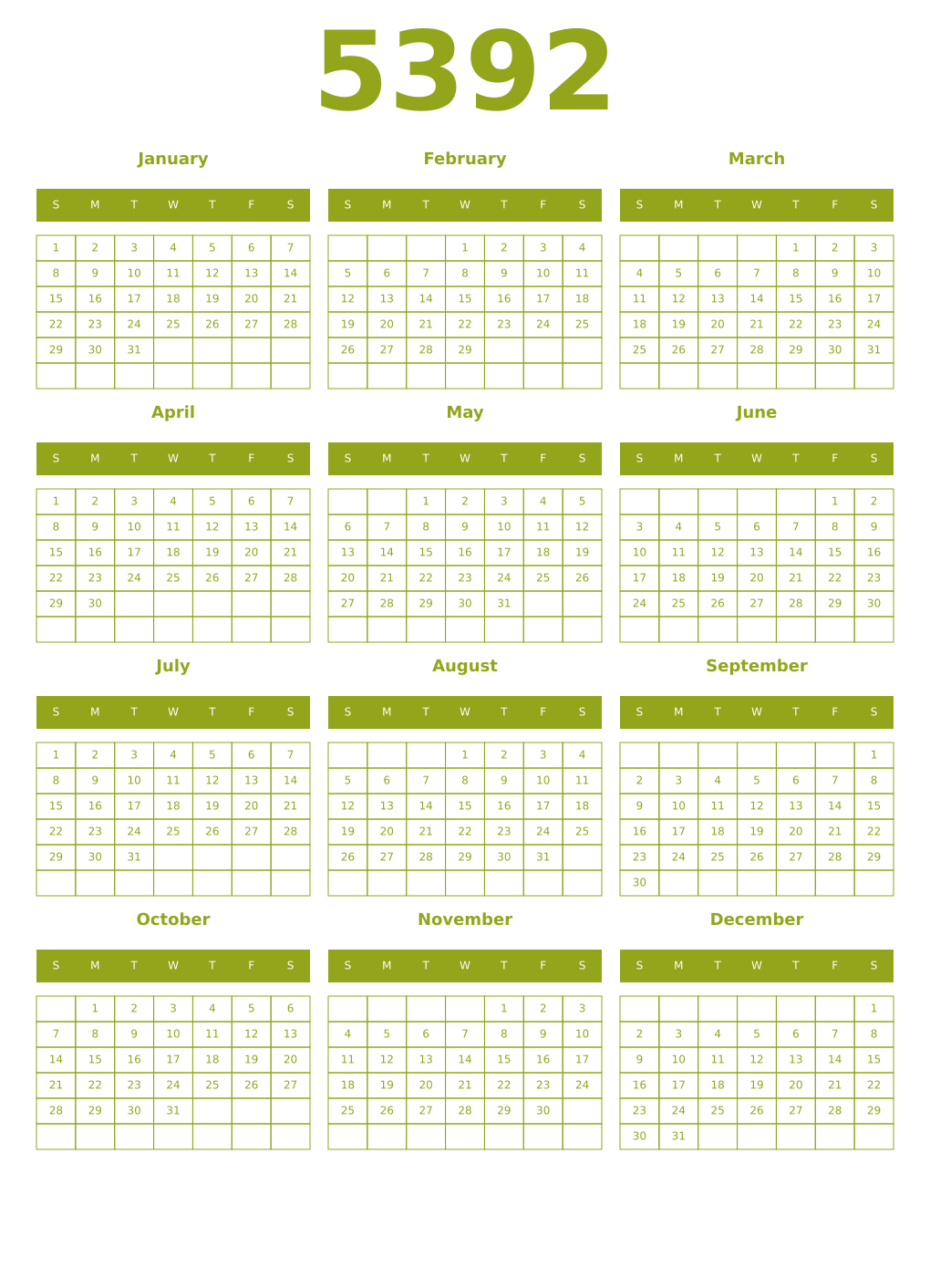 Printable 5392 Year Calendars chartreuse