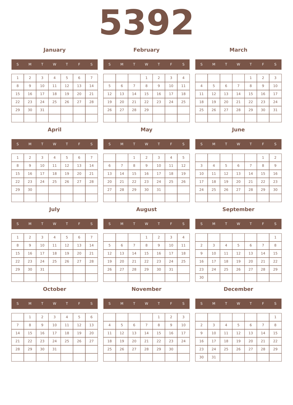 Printable 5392 Year Calendars coffe