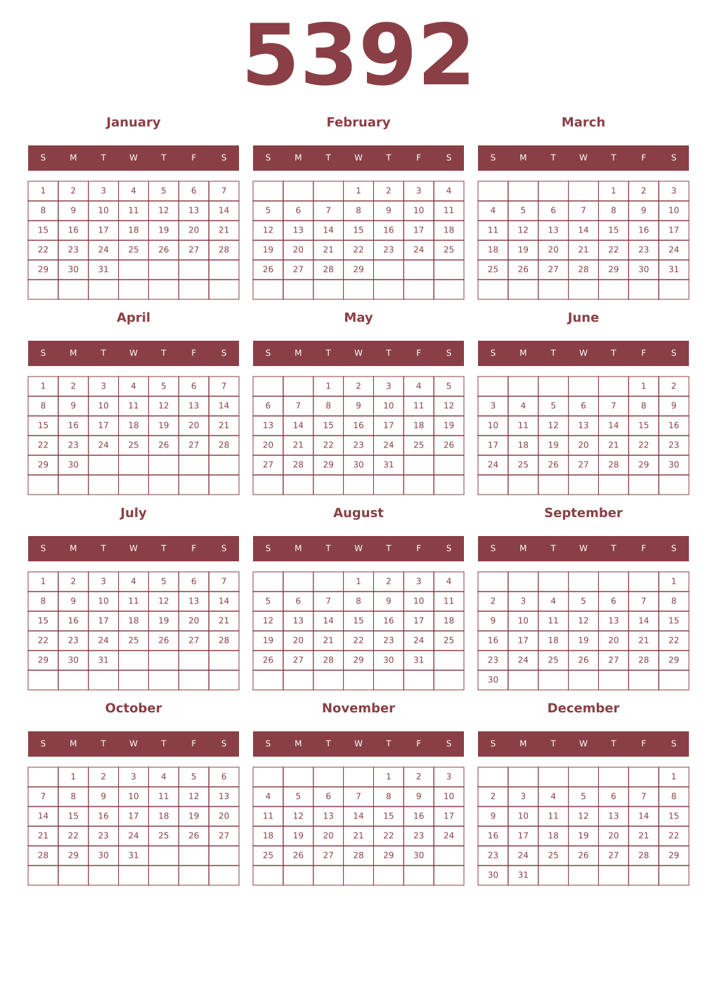 Printable 5392 Year Calendars cordovan
