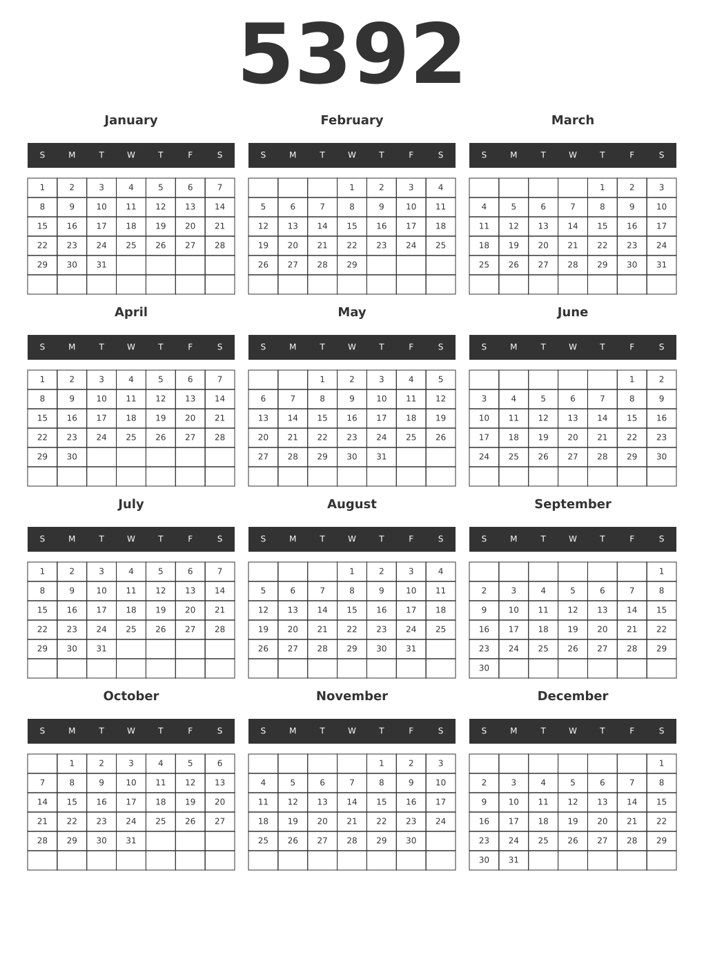Printable 5392 Year Calendars dark