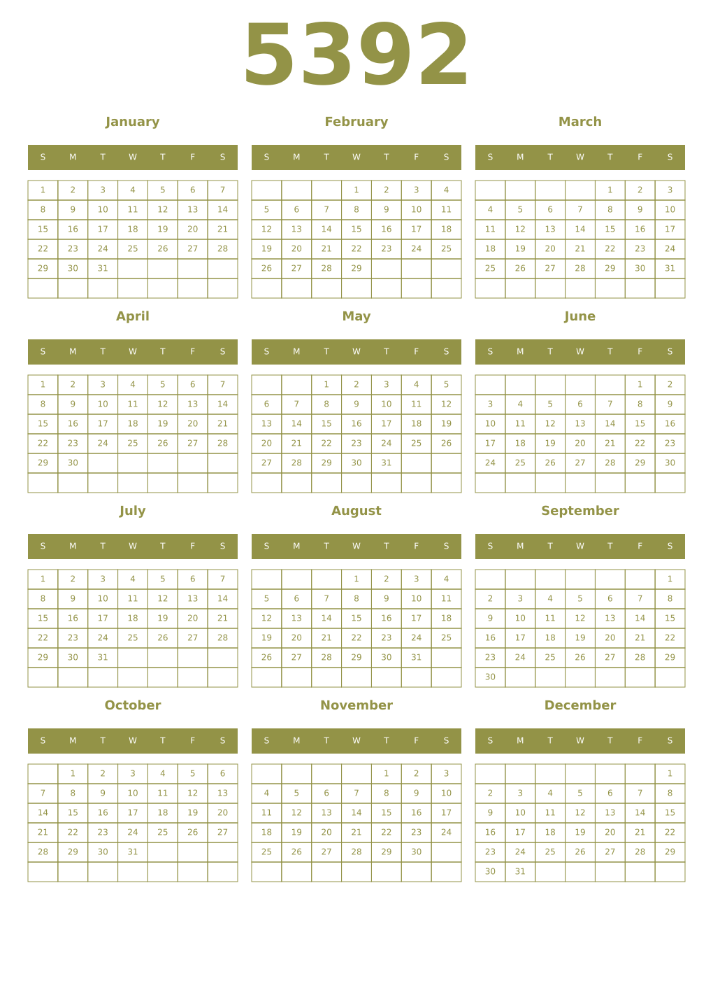 Printable 5392 Year Calendars eburnean