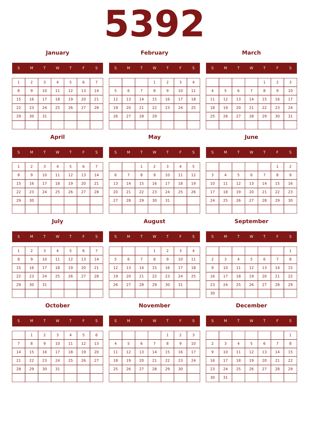 Printable 5392 Year Calendars falu