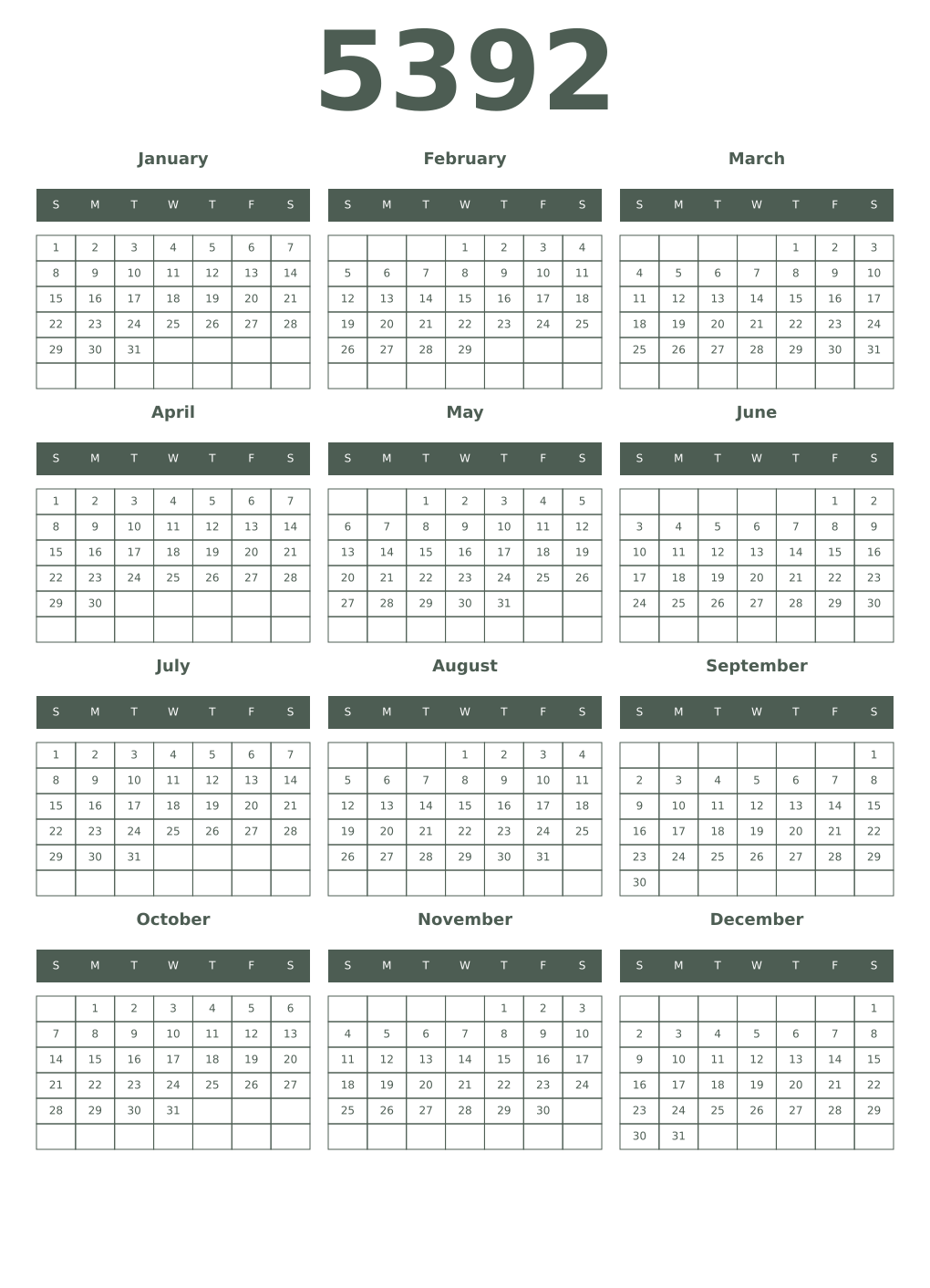 Printable 5392 Year Calendars feldgrau