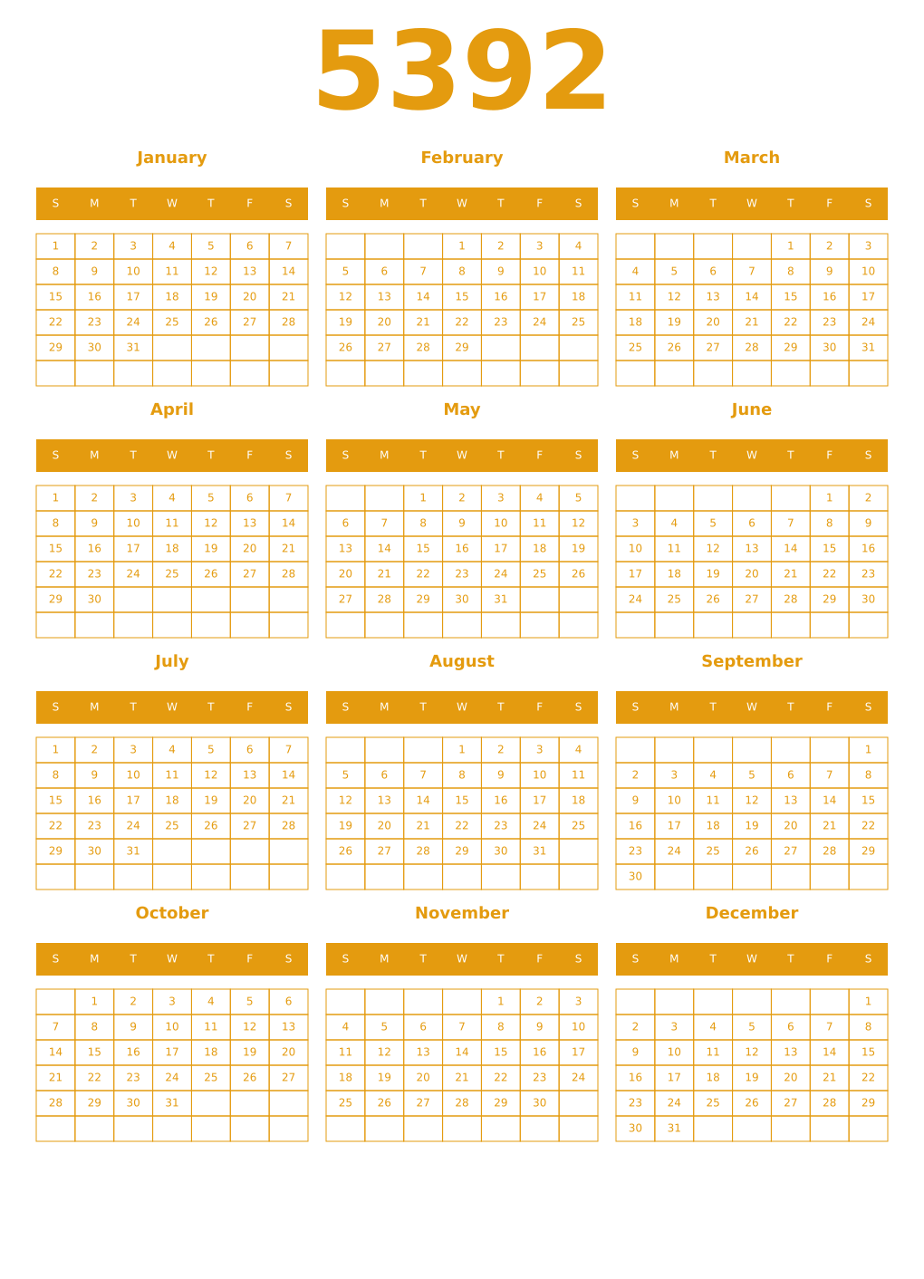 Printable 5392 Year Calendars gamboge