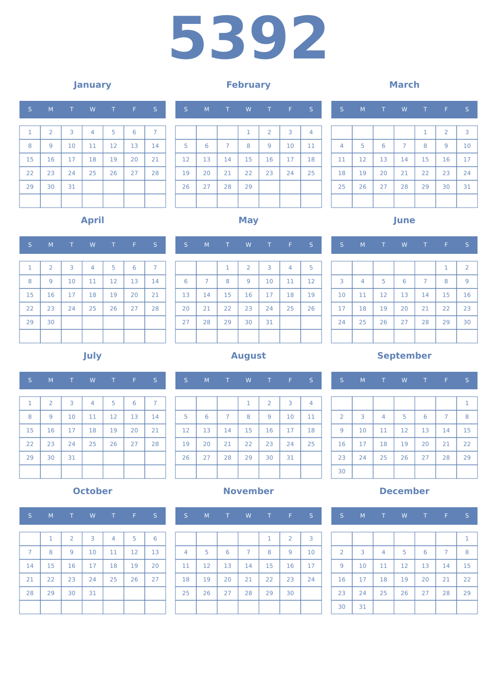 Printable 5392 Year Calendars glaucous