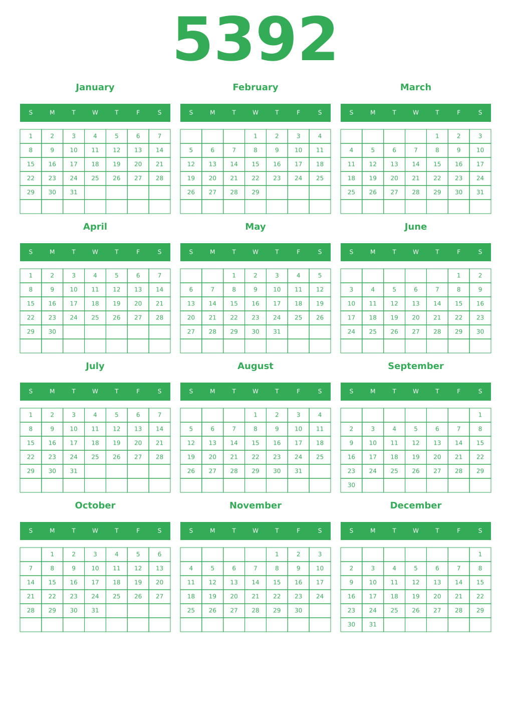 Printable 5392 Year Calendars green