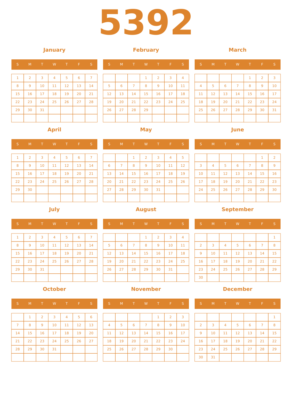 Printable 5392 Year Calendars orange