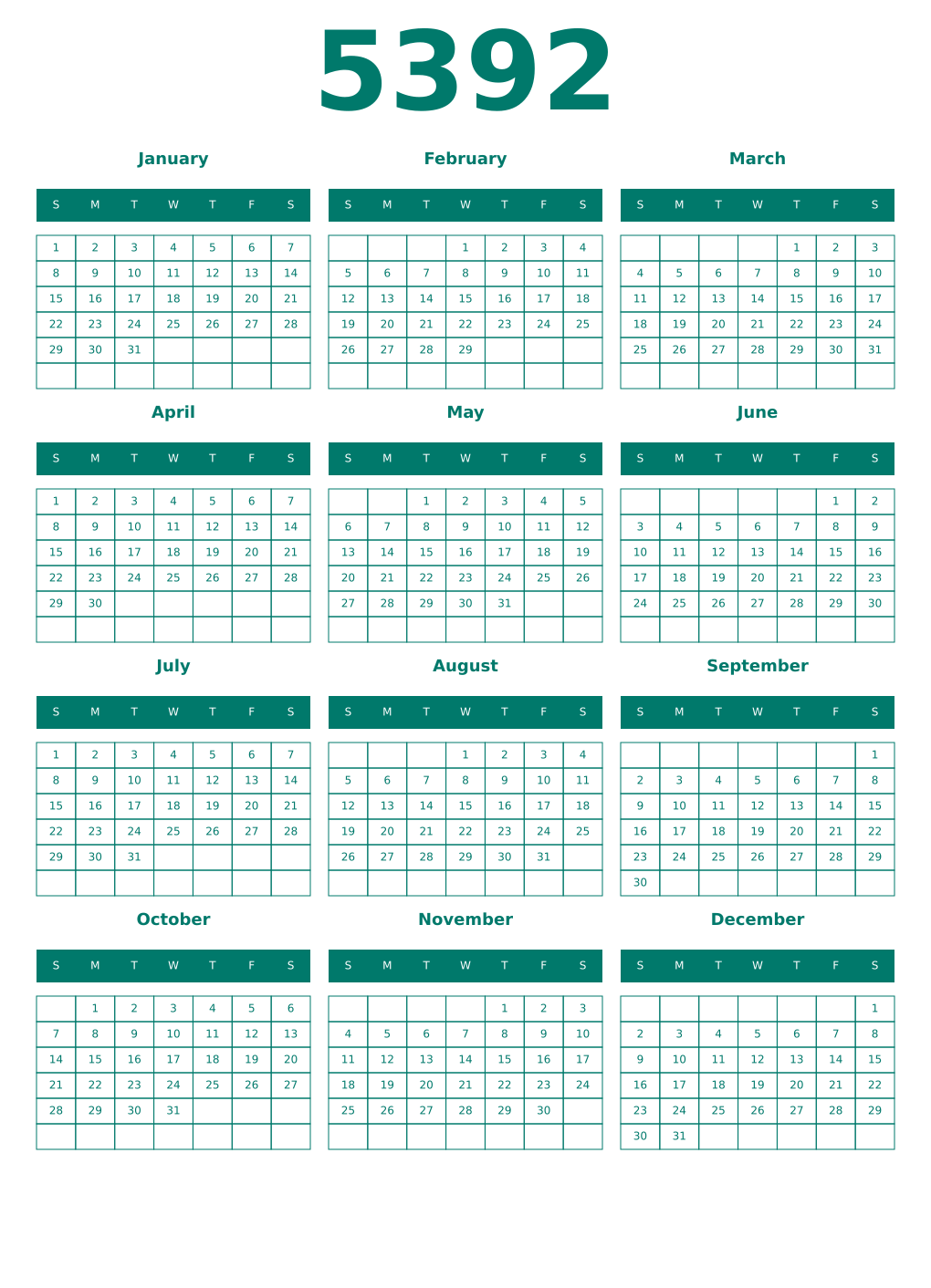 Printable 5392 Year Calendars pastel