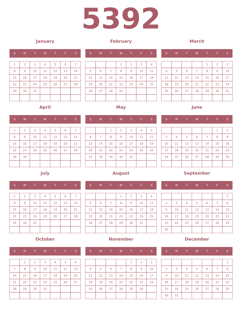 Printable 5392 Year Calendars puce