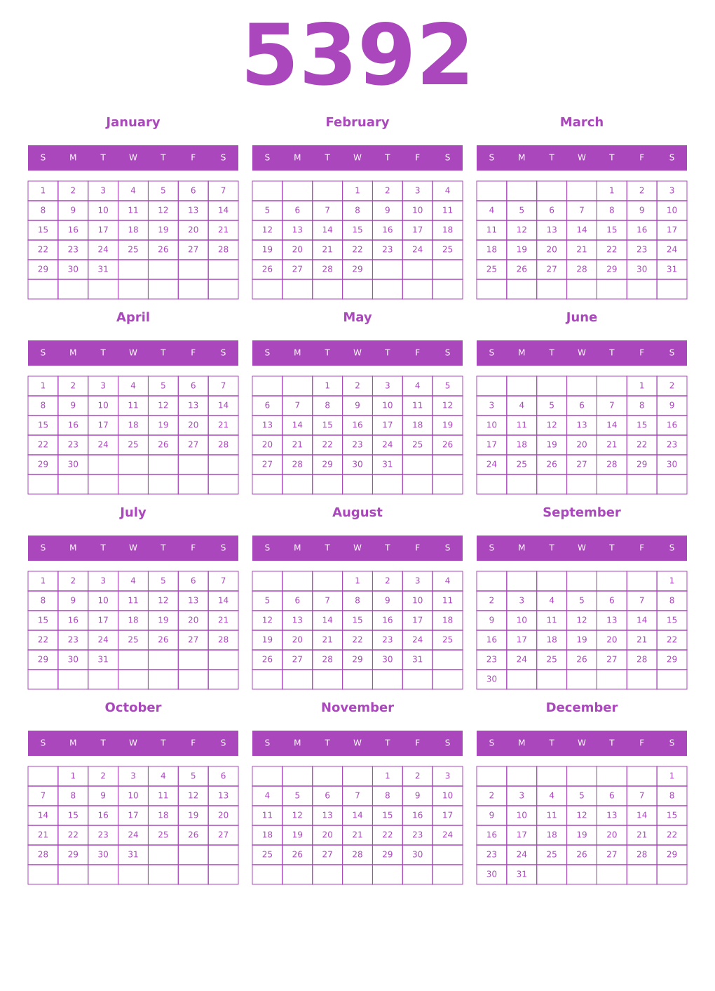 Printable 5392 Year Calendars purple