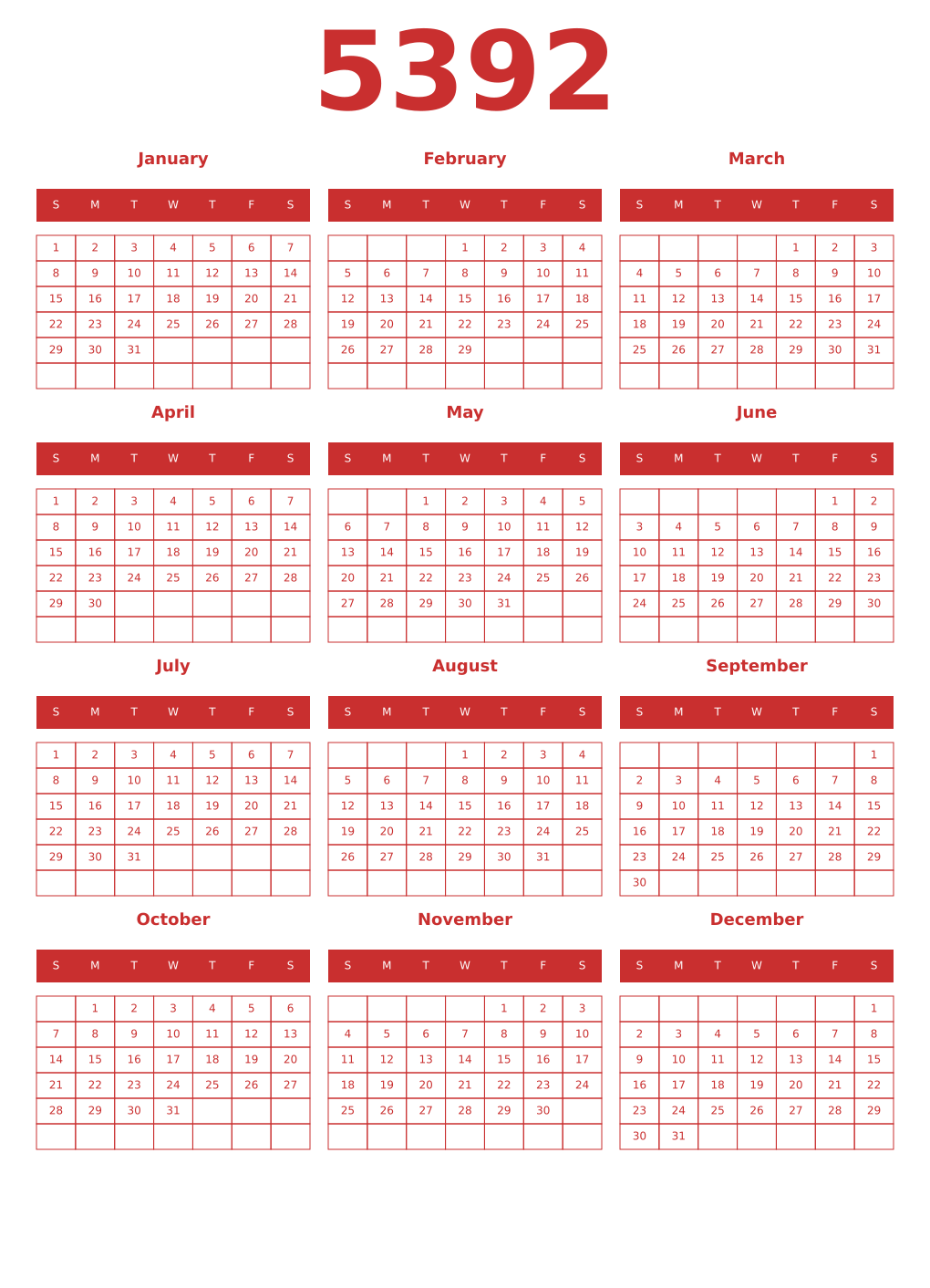 Printable 5392 Year Calendars red