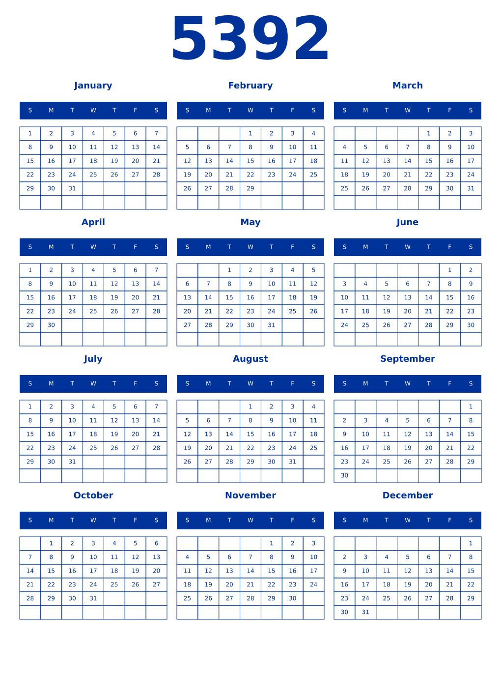 Printable 5392 Year Calendars smalt