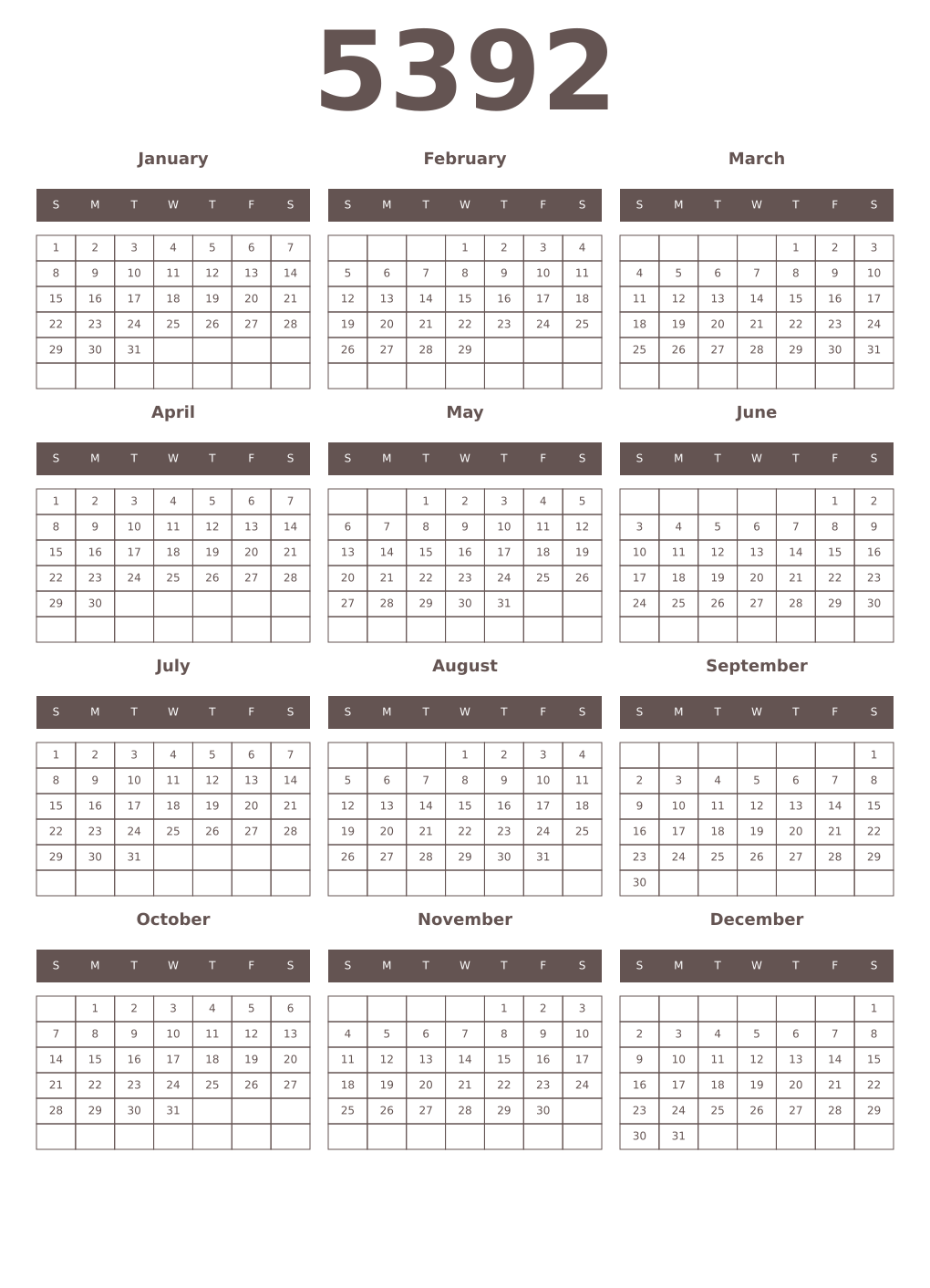 Printable 5392 Year Calendars wenge