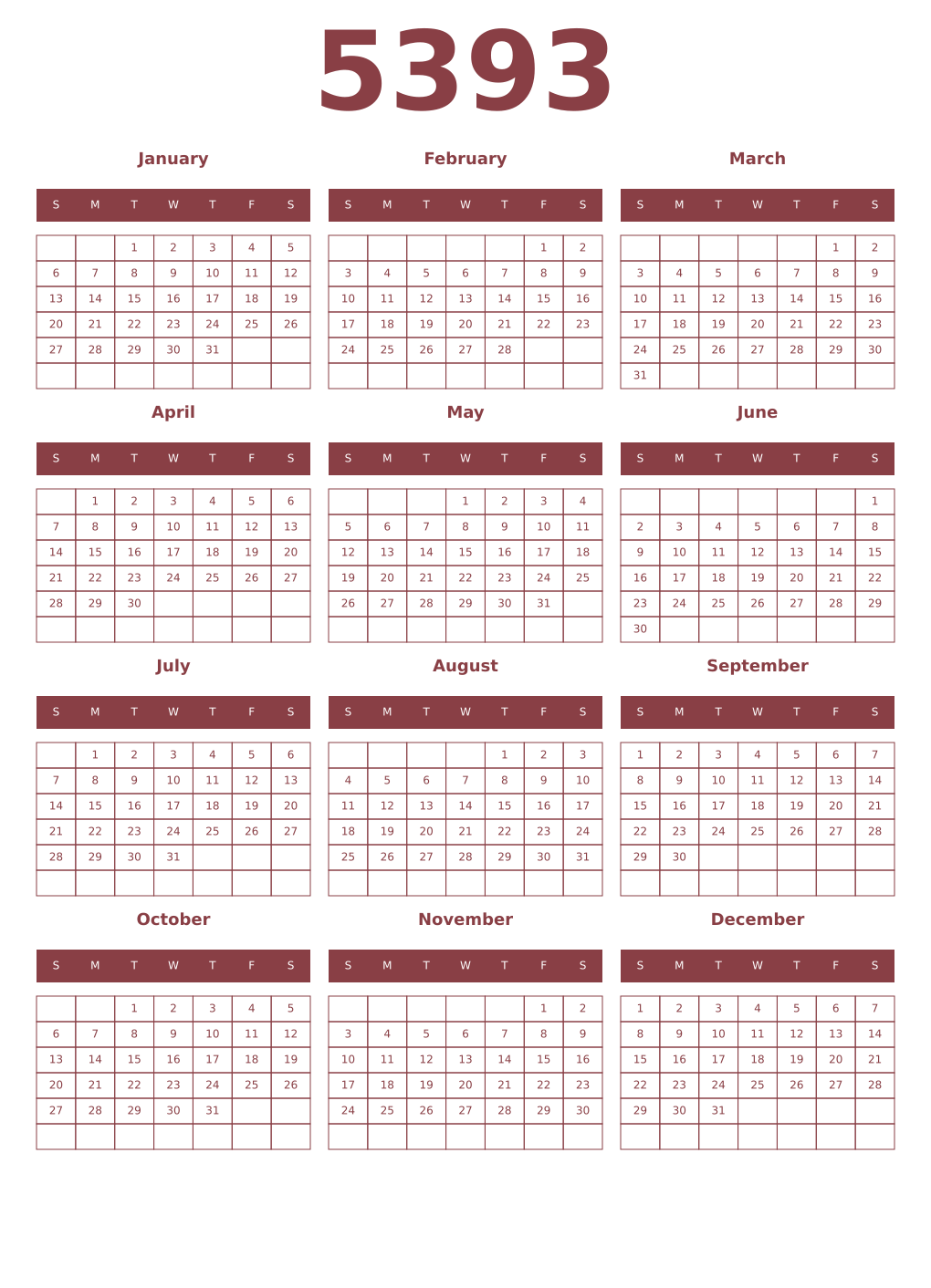 Printable 5393 Year Calendars cordovan