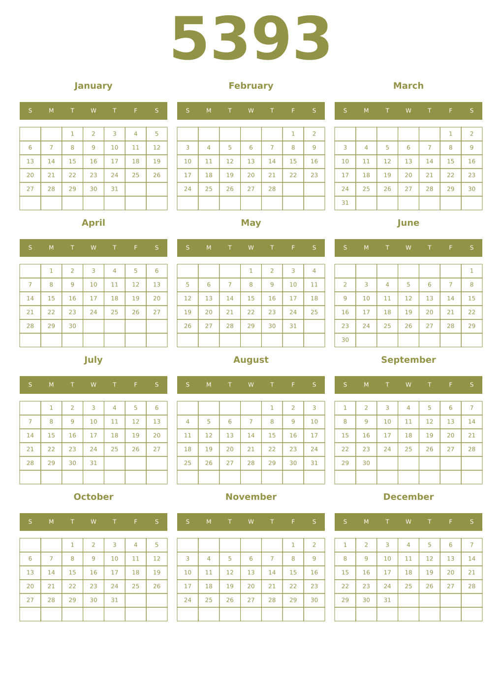 Printable 5393 Year Calendars eburnean