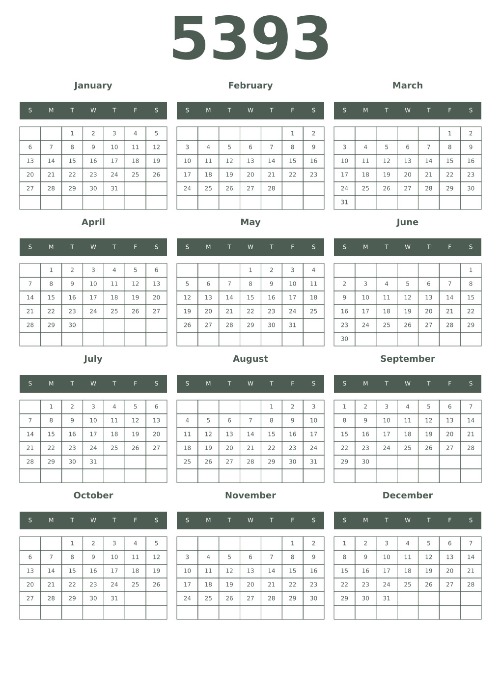 Printable 5393 Year Calendars feldgrau