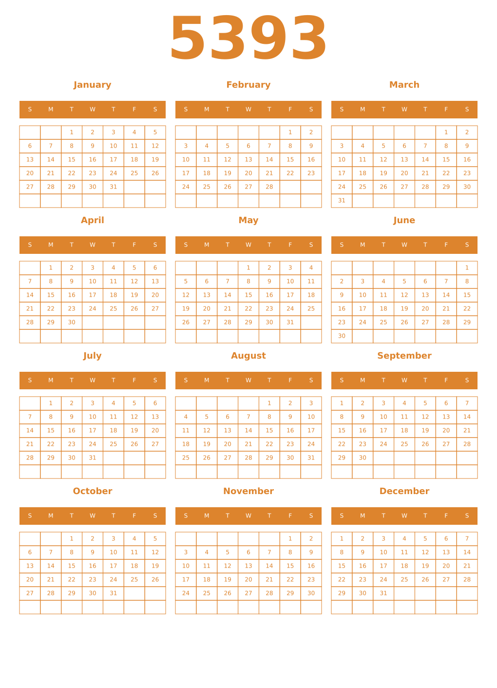 Printable 5393 Year Calendars orange
