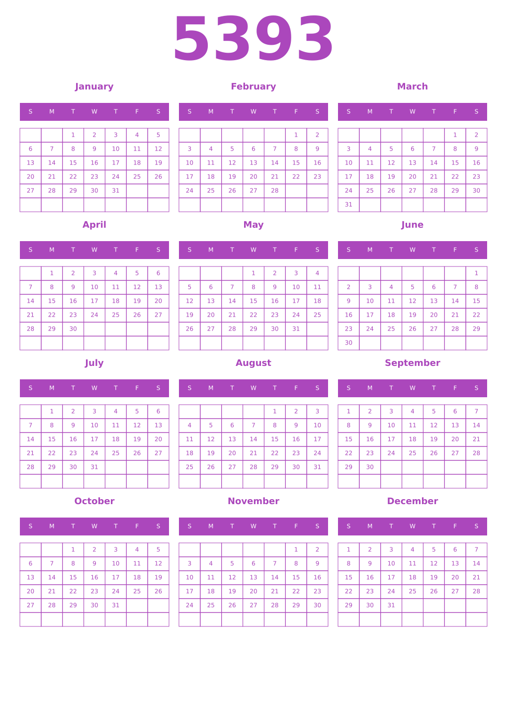 Printable 5393 Year Calendars purple