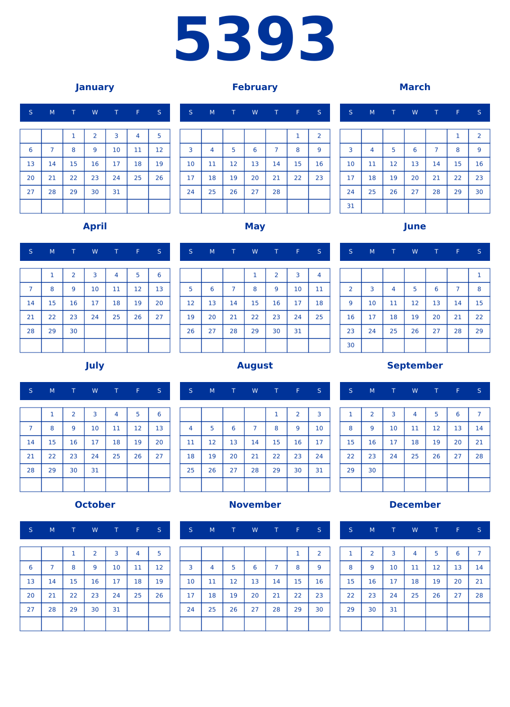 Printable 5393 Year Calendars smalt