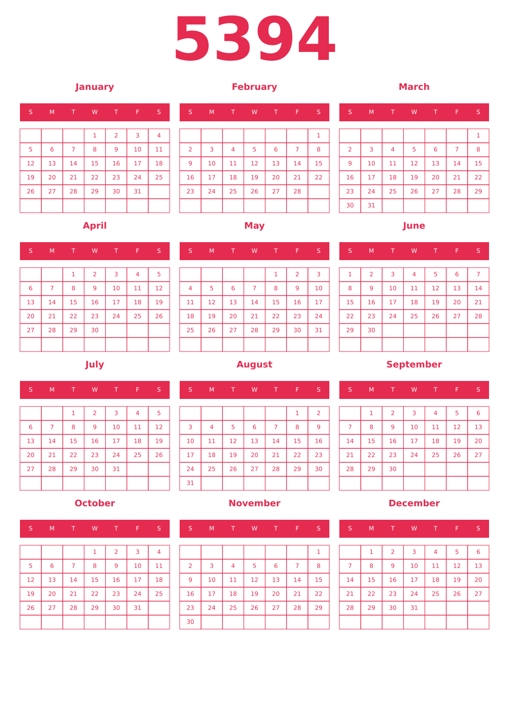 Printable 5394 Year Calendars amaranth