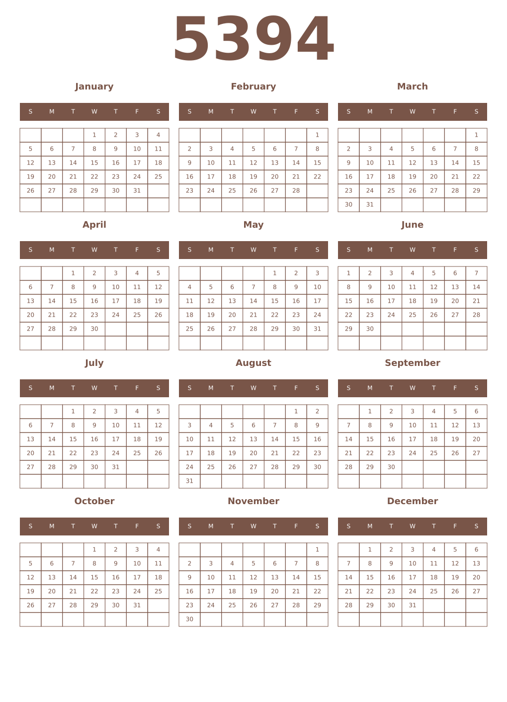 Printable 5394 Year Calendars coffe