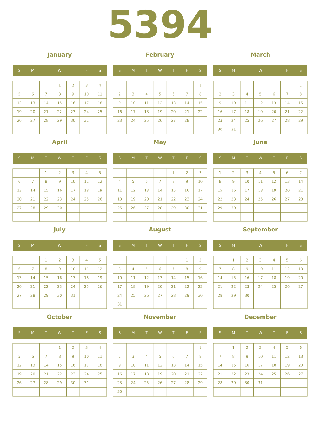 Printable 5394 Year Calendars eburnean