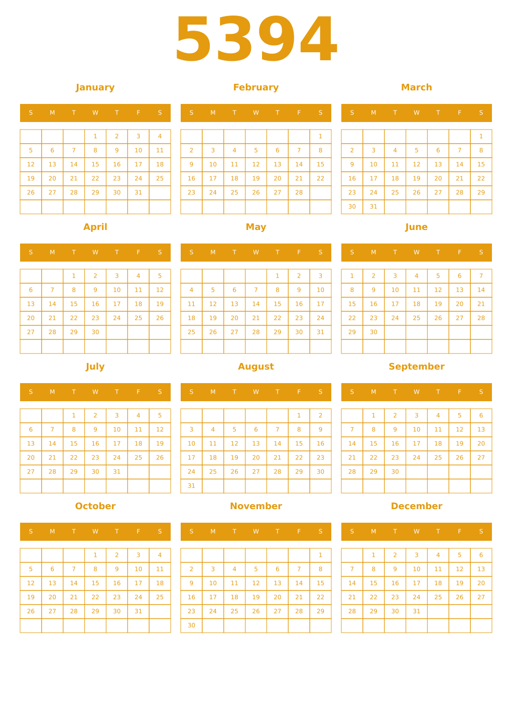 Printable 5394 Year Calendars gamboge