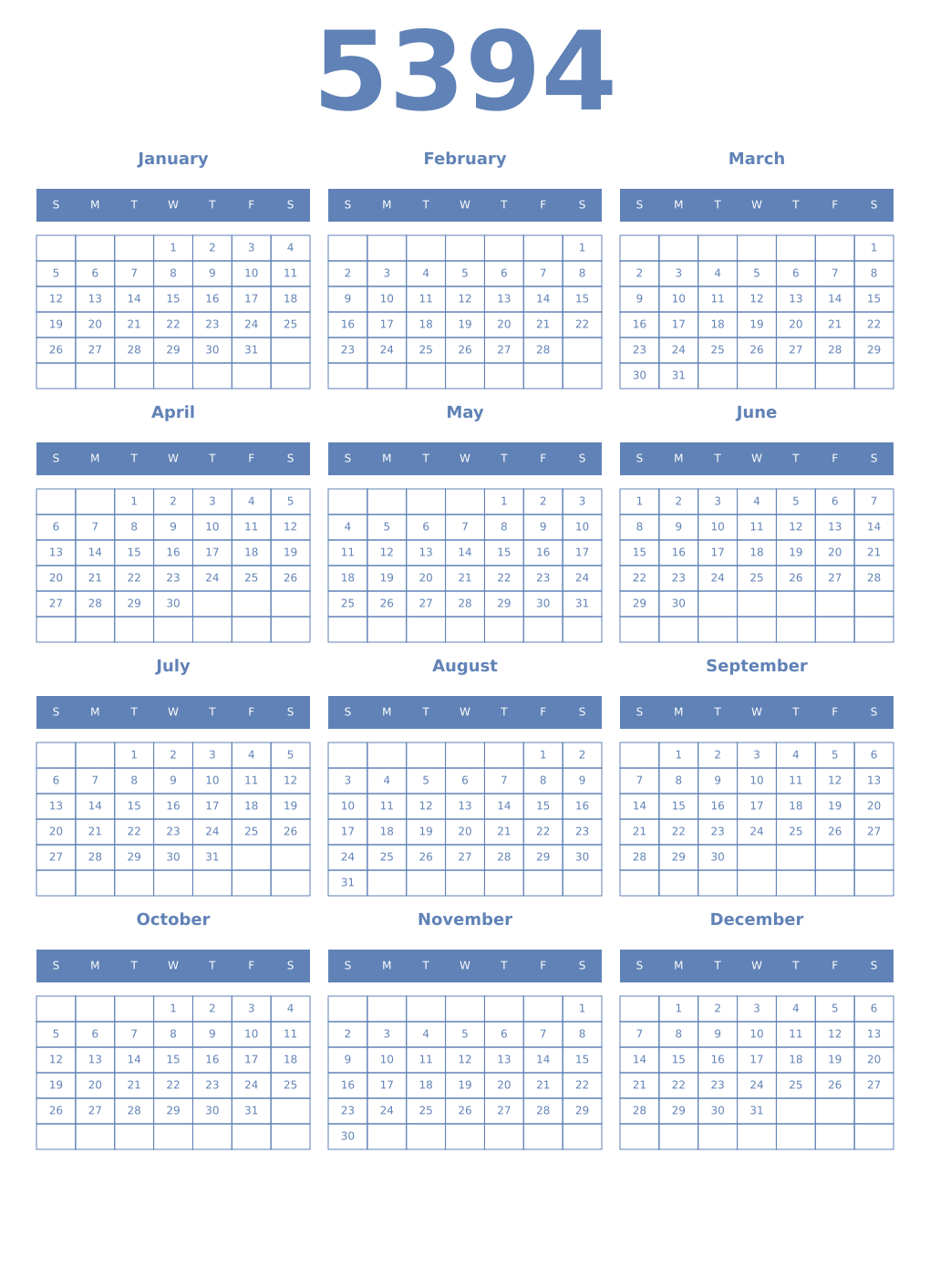 Printable 5394 Year Calendars glaucous