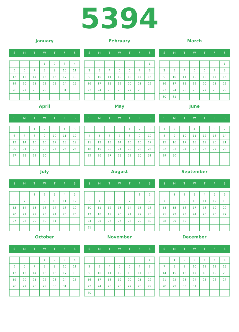 Printable 5394 Year Calendars green