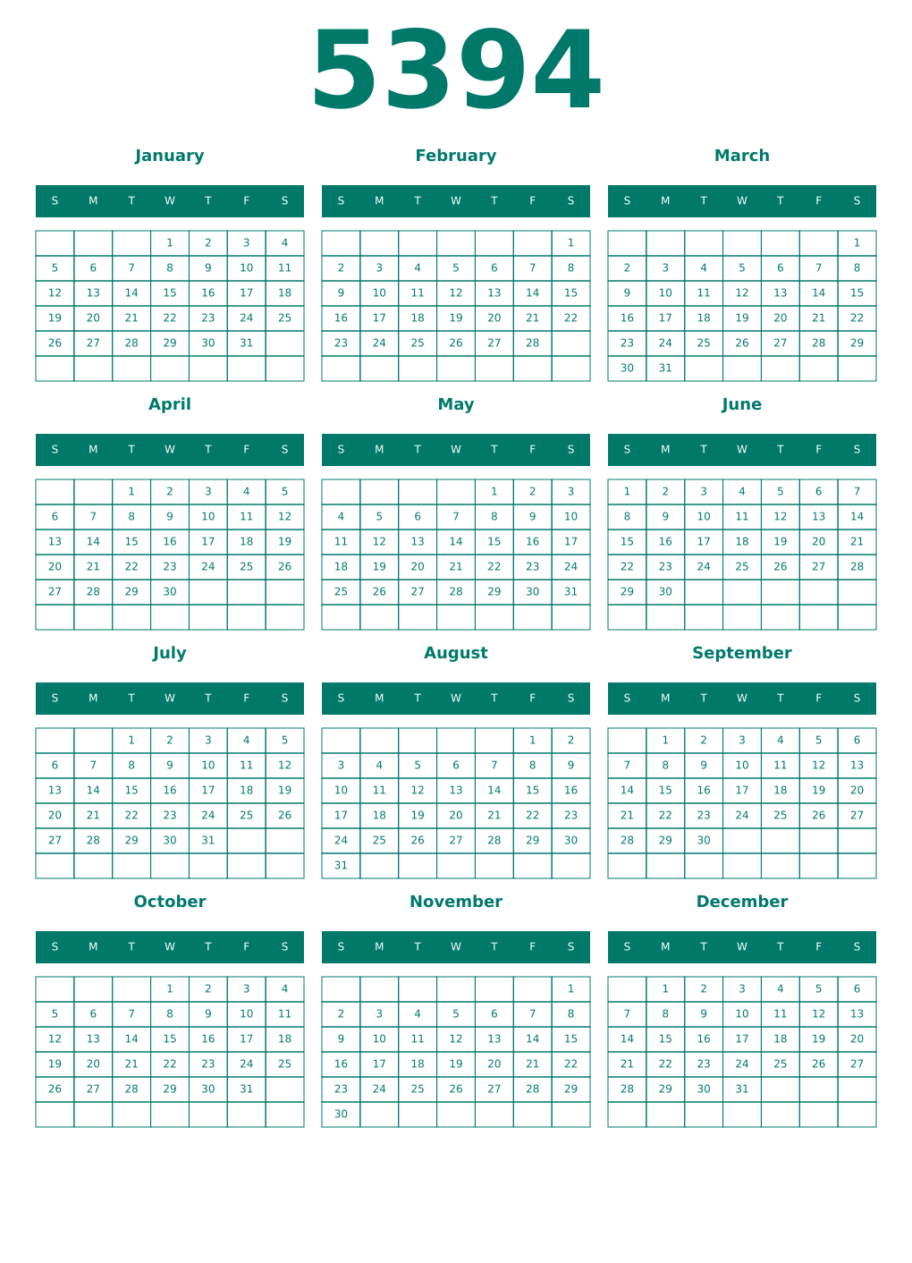 Printable 5394 Year Calendars pastel