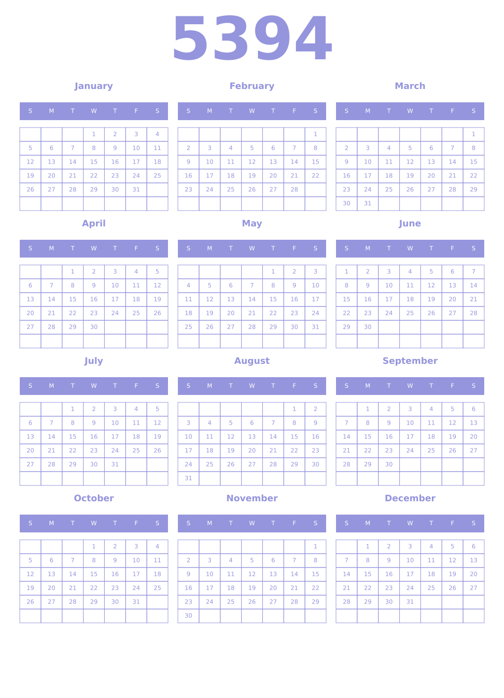 Printable 5394 Year Calendars periwinkle