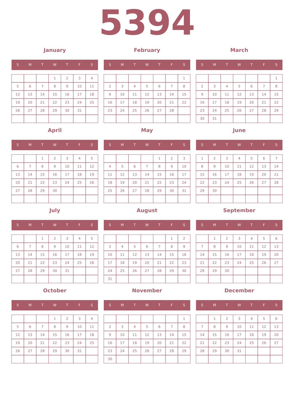 Printable 5394 Year Calendars puce