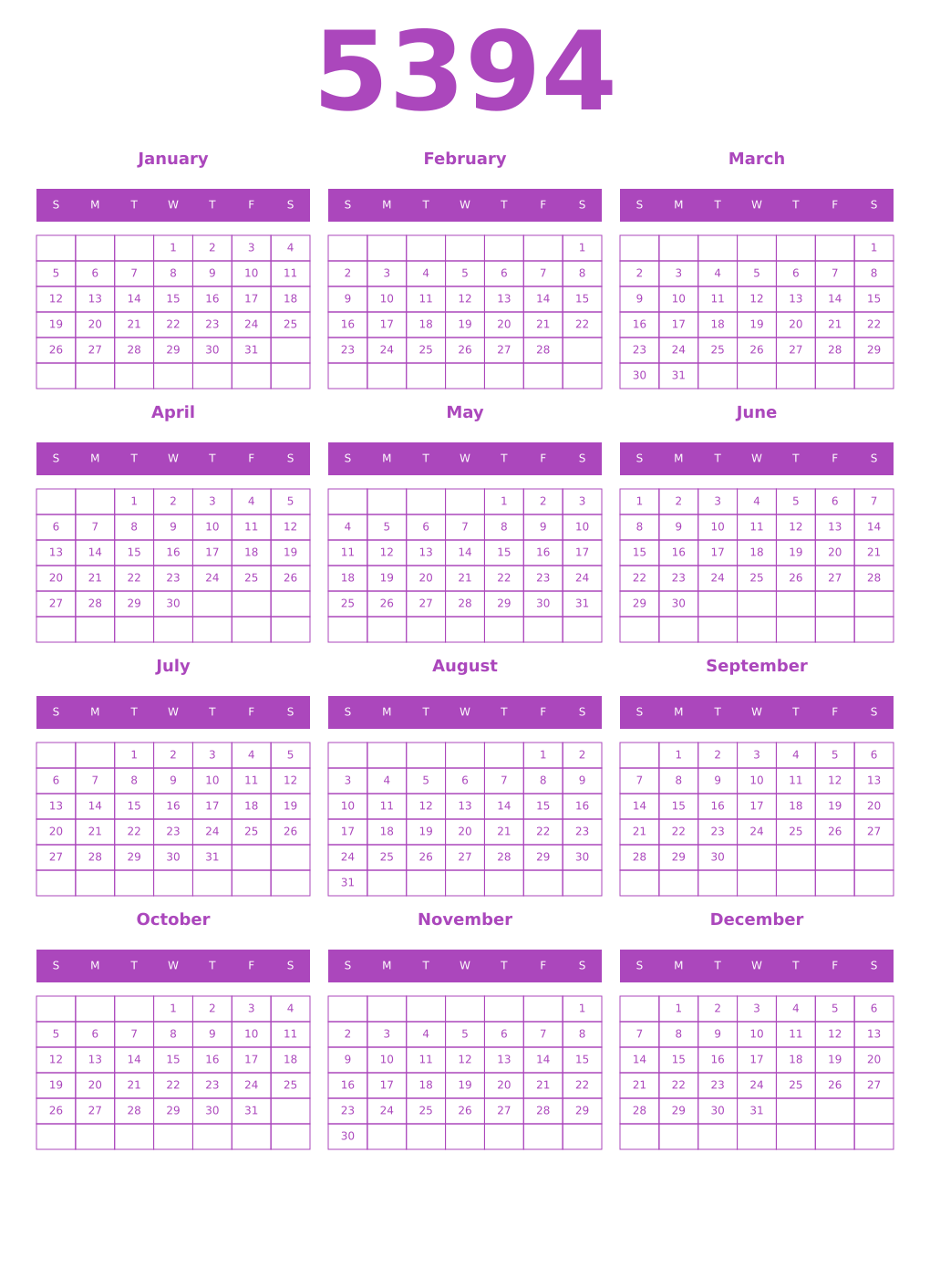 Printable 5394 Year Calendars purple